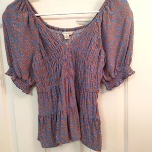 AMERICAN Eagle‎ Outfitters Country Blue Floral Smocked Puffy Sleeves Top XXS Y2K